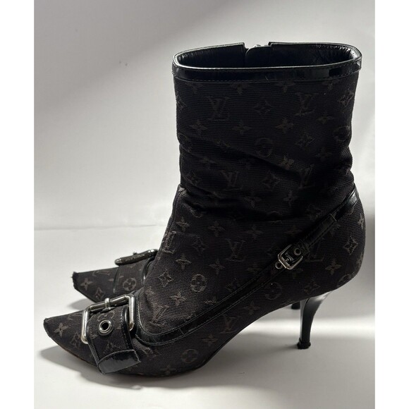 Louis Vuitton Black Canvas Monogram Boots Stiletto Heel Silver Buckle 36 6 Y2K - Picture 2 of 13